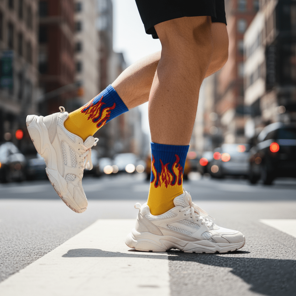 -FIRE SOCKS - YELLOW/BLUE- RED FLAMES-