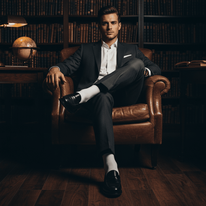 -White &amp; Navy Blue Edge Bamboo- Corporate Classic Crew Length Socks Edge Color-