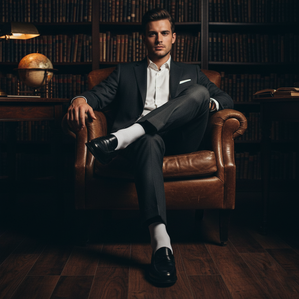 White & Navy Blue Edge Bamboo- Corporate Classic Crew Length Socks Edge Color