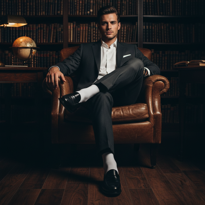 White & Navy Blue Edge Bamboo- Corporate Classic Crew Length Socks Edge Color