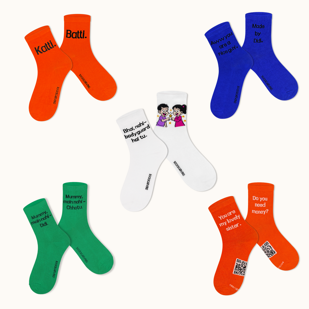 Set of colorful socks with various text designs on a white background