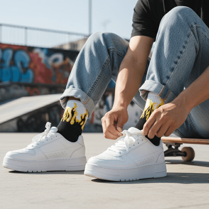 -FIRE SOCKS - BLACK/WHITE - YELLOW FLAMES-