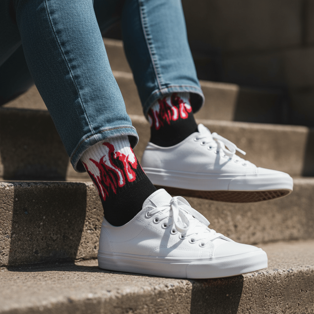 -FIRE SOCKS - BLACK/WHITE - RED FLAMES-