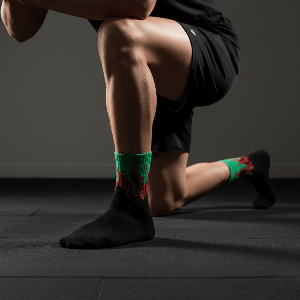 -FIRE SOCKS - BLACK/GREEN - RED FLAMES-
