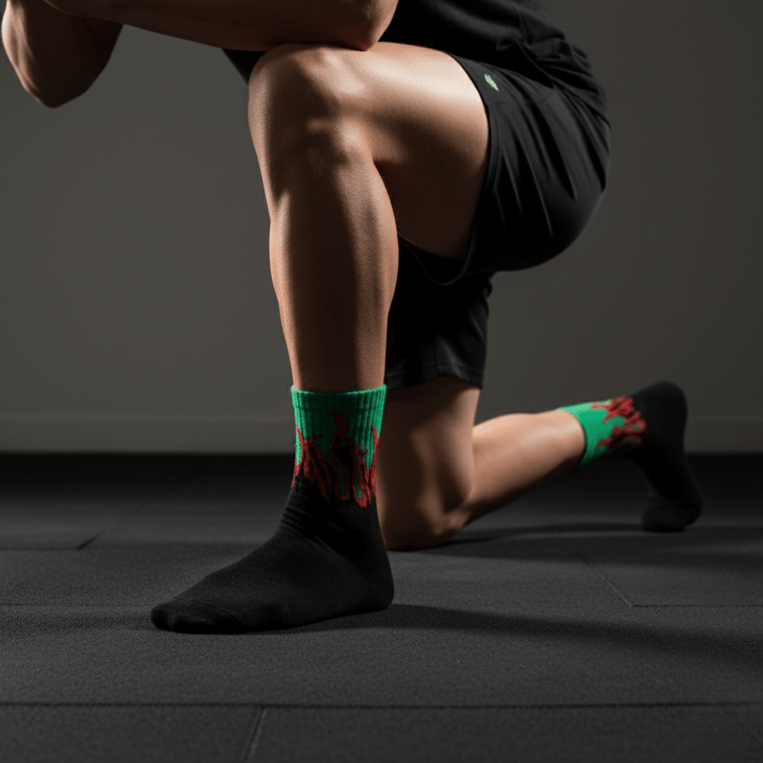 -FIRE SOCKS - BLACK/GREEN - RED FLAMES-