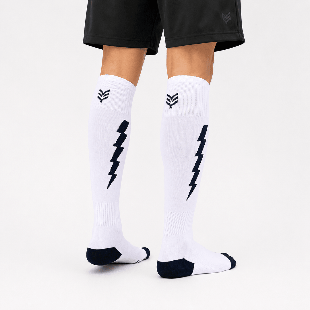 -Flash Performer Knee length Socks - White/Navy Blue-