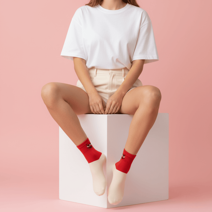 Pembrey fun ankle socks worn with sneakers – playful everyday casual socks for men and women | Sockscarving®-Pembrey Edition-