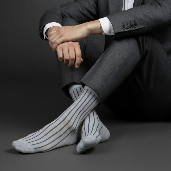 Person wearing a dark suit with gray striped socks on a dark background