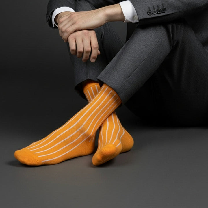 Person wearing a gray suit with orange striped socks on a dark background