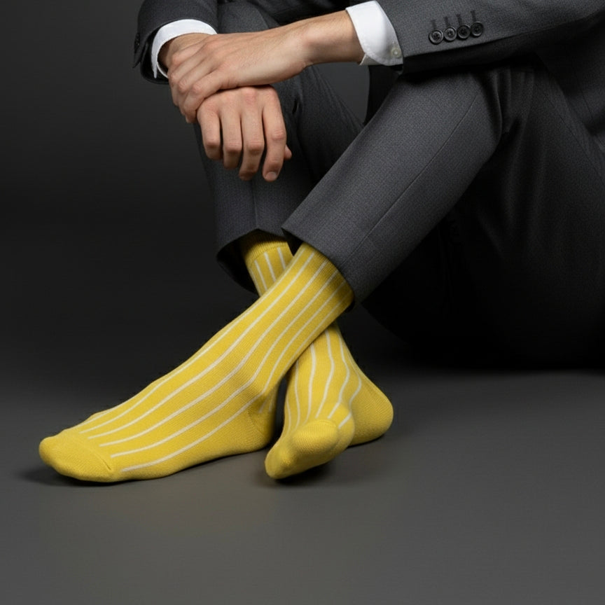 Person wearing a dark suit with yellow striped socks on a gray background