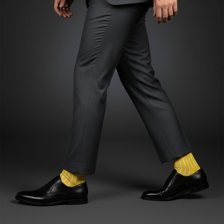 Person wearing gray pants, black shoes, and yellow socks on a dark background
