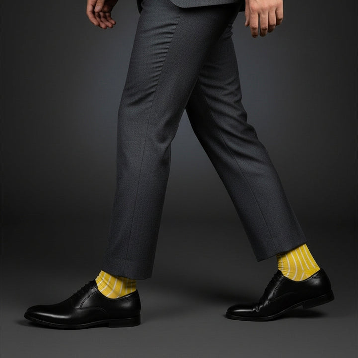 Person wearing gray pants, black shoes, and yellow socks on a dark background
