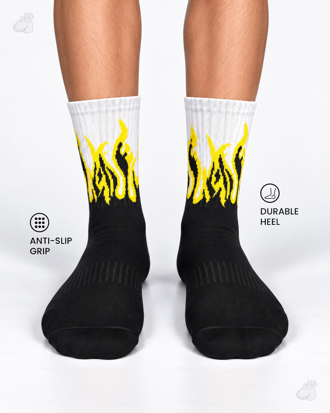YOGA/PILATES FIRE SOCKS - BLACK/WHITE - YELLOW FLAMES