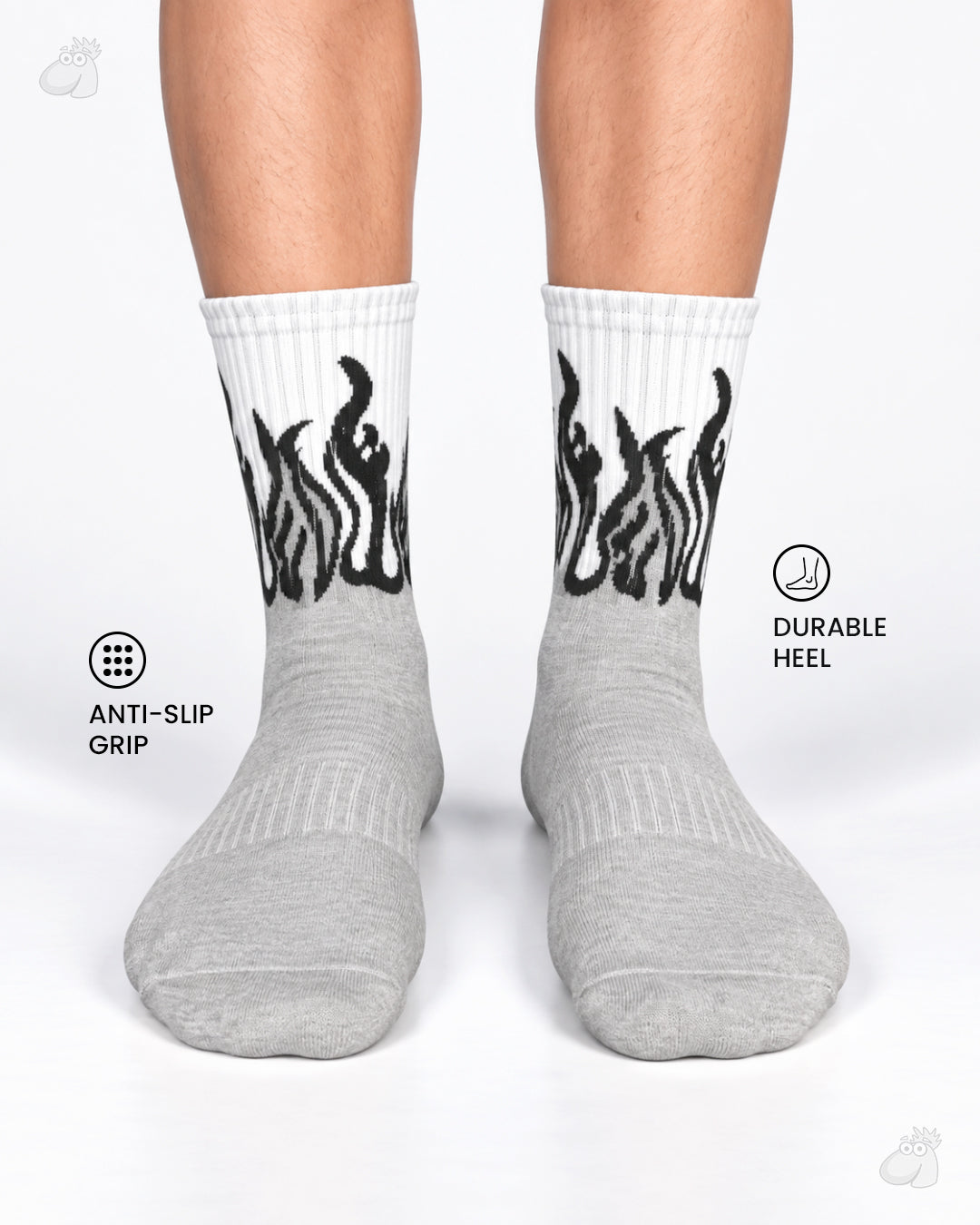 YOGA/PILATES FIRE SOCKS - GREY/WHITE - BLACK FLAMES