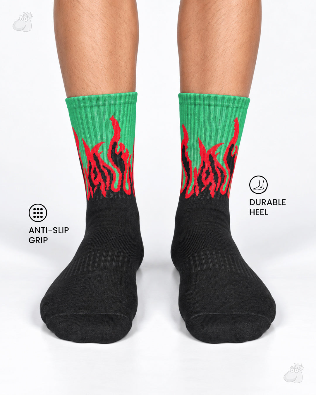 YOGA/PILATES FIRE SOCKS - BLACK/GREEN - RED FLAMES