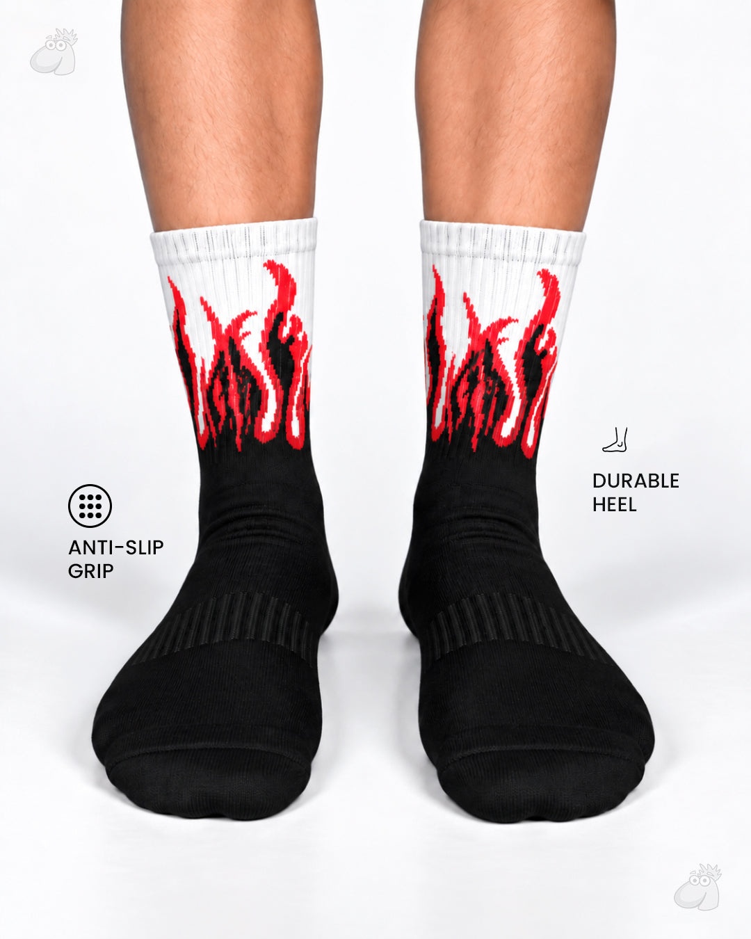 YOGA/PILATES FIRE SOCKS - BLACK/WHITE - RED FLAMES