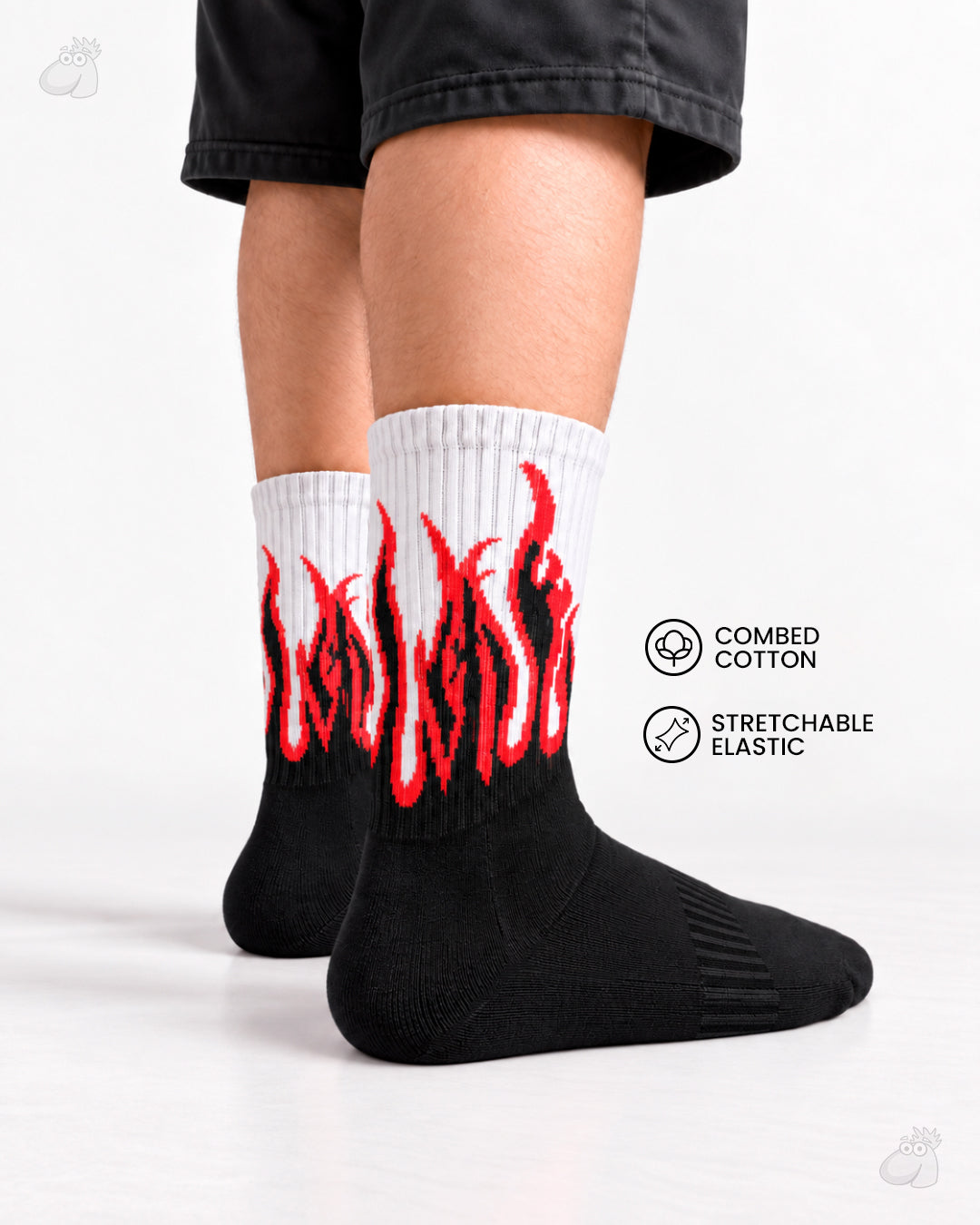 YOGA/PILATES FIRE SOCKS - BLACK/WHITE - RED FLAMES