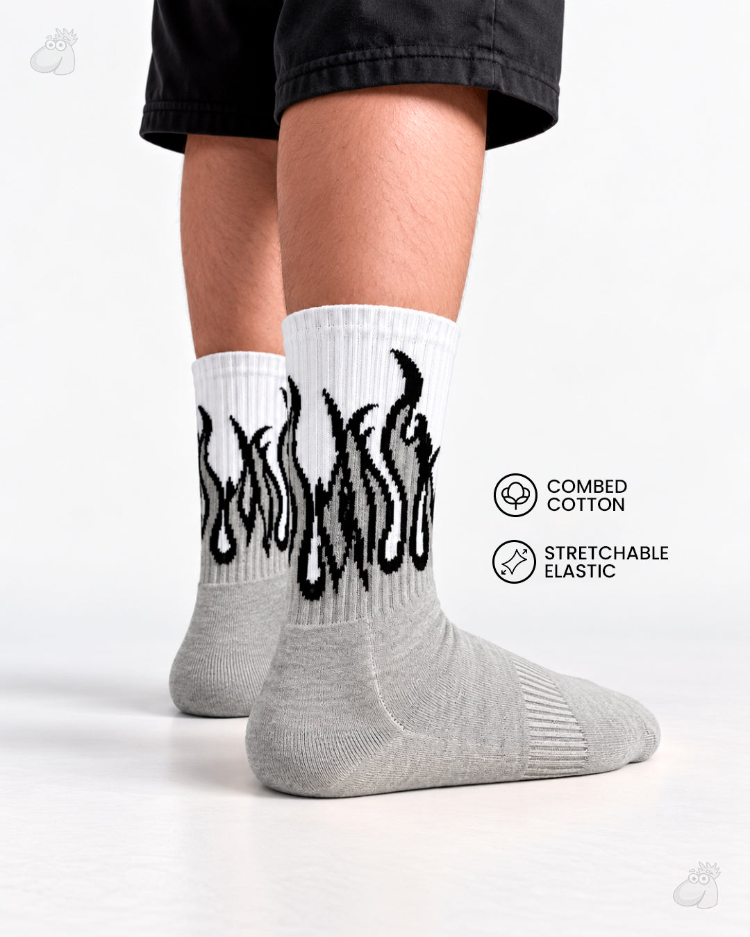 YOGA/PILATES FIRE SOCKS - GREY/WHITE - BLACK FLAMES