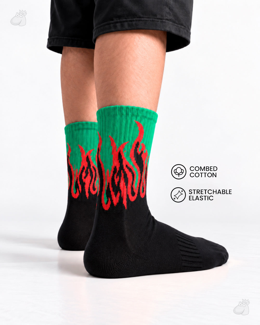 YOGA/PILATES FIRE SOCKS - BLACK/GREEN - RED FLAMES