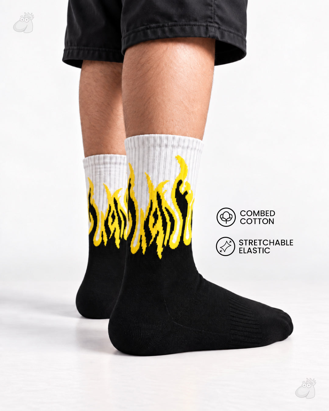 YOGA/PILATES FIRE SOCKS - BLACK/WHITE - YELLOW FLAMES