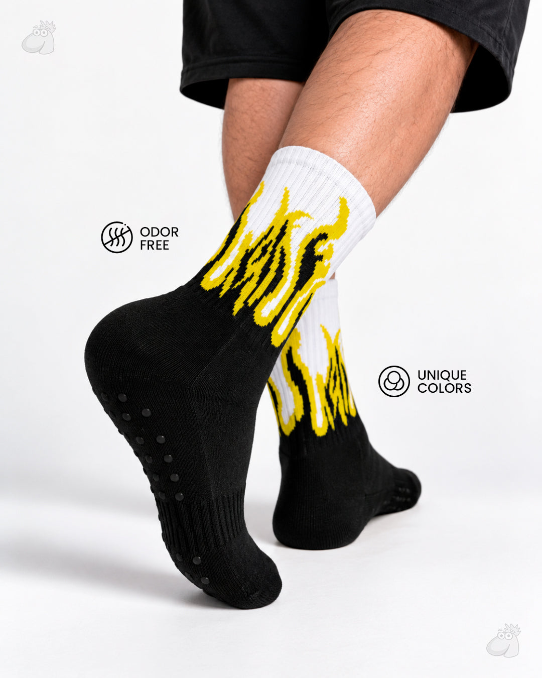 YOGA/PILATES FIRE SOCKS - BLACK/WHITE - YELLOW FLAMES