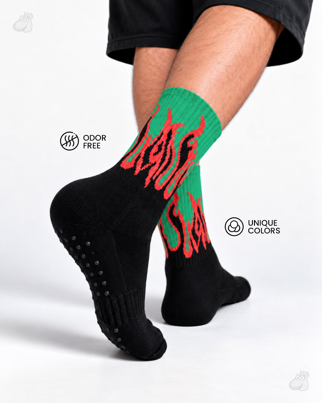 YOGA/PILATES FIRE SOCKS - BLACK/GREEN - RED FLAMES