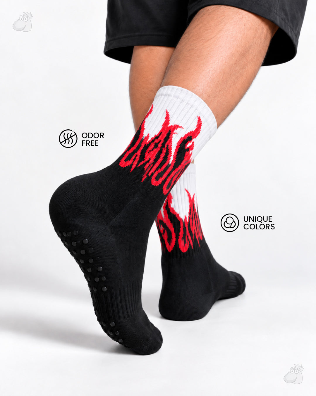 YOGA/PILATES FIRE SOCKS - BLACK/WHITE - RED FLAMES