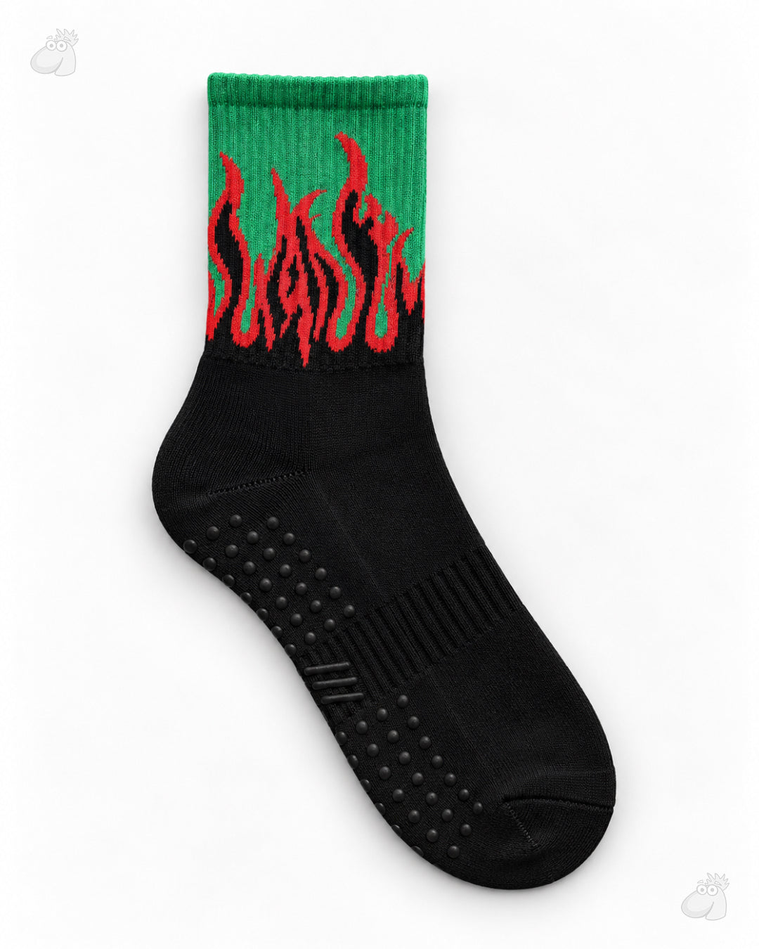 YOGA/PILATES FIRE SOCKS - BLACK/GREEN - RED FLAMES