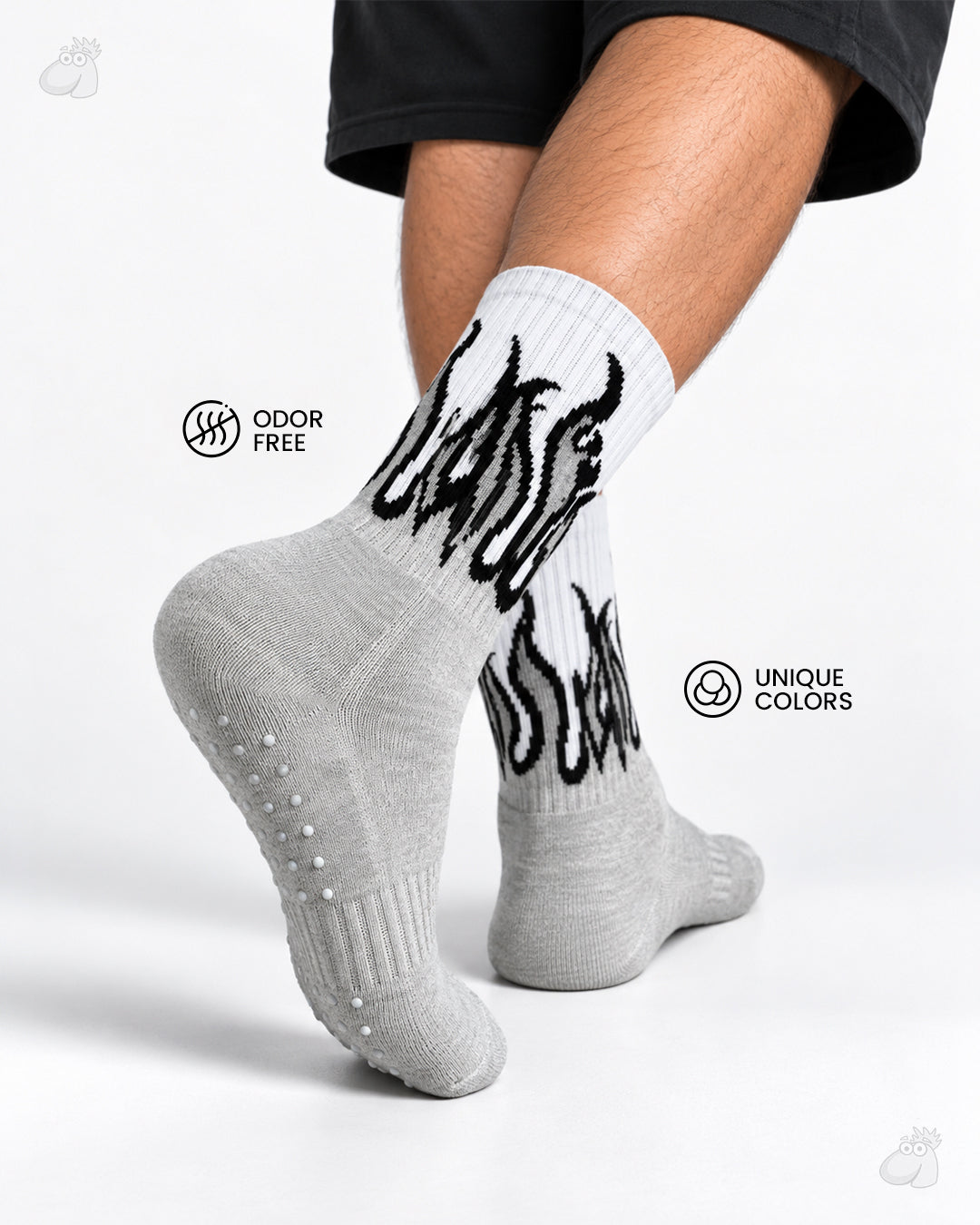 YOGA/PILATES FIRE SOCKS - GREY/WHITE - BLACK FLAMES