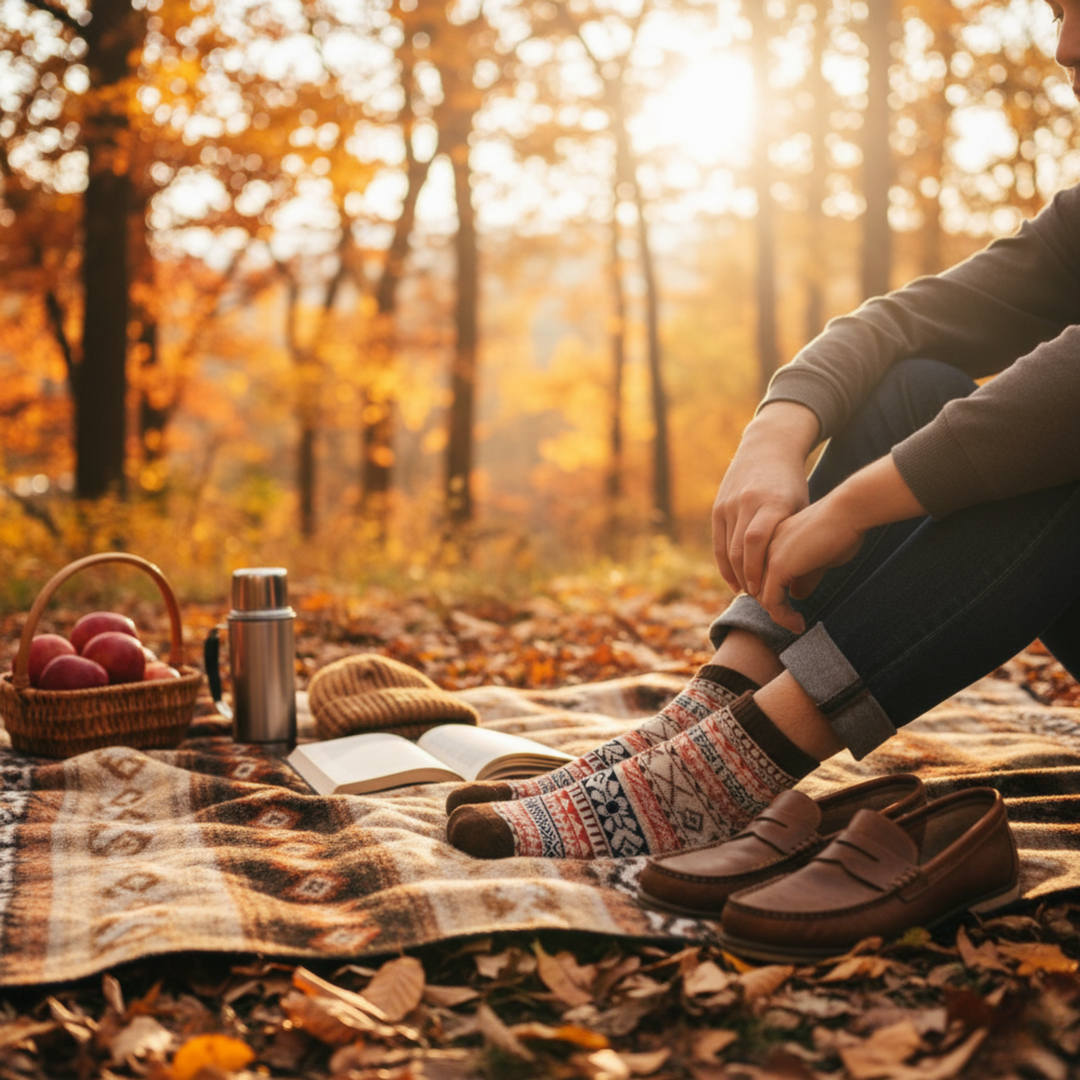 Person sitting on a blanket in a forest during autumn, wearing patterned socks and brown shoes.
