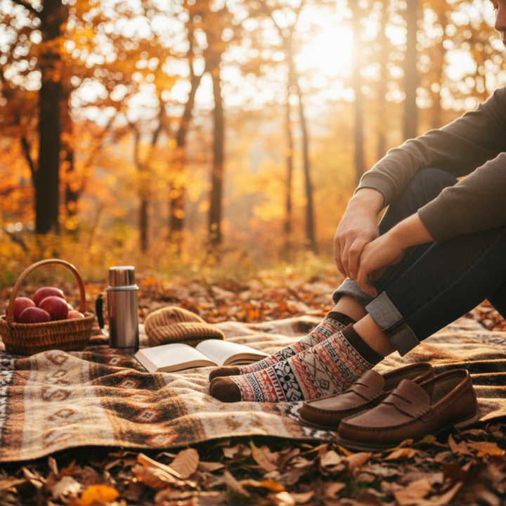 Person sitting on a blanket in a forest during autumn, wearing patterned socks and brown shoes.
