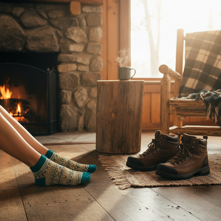 Person wearing patterned socks by a stone fireplace with a chair and table in the background.