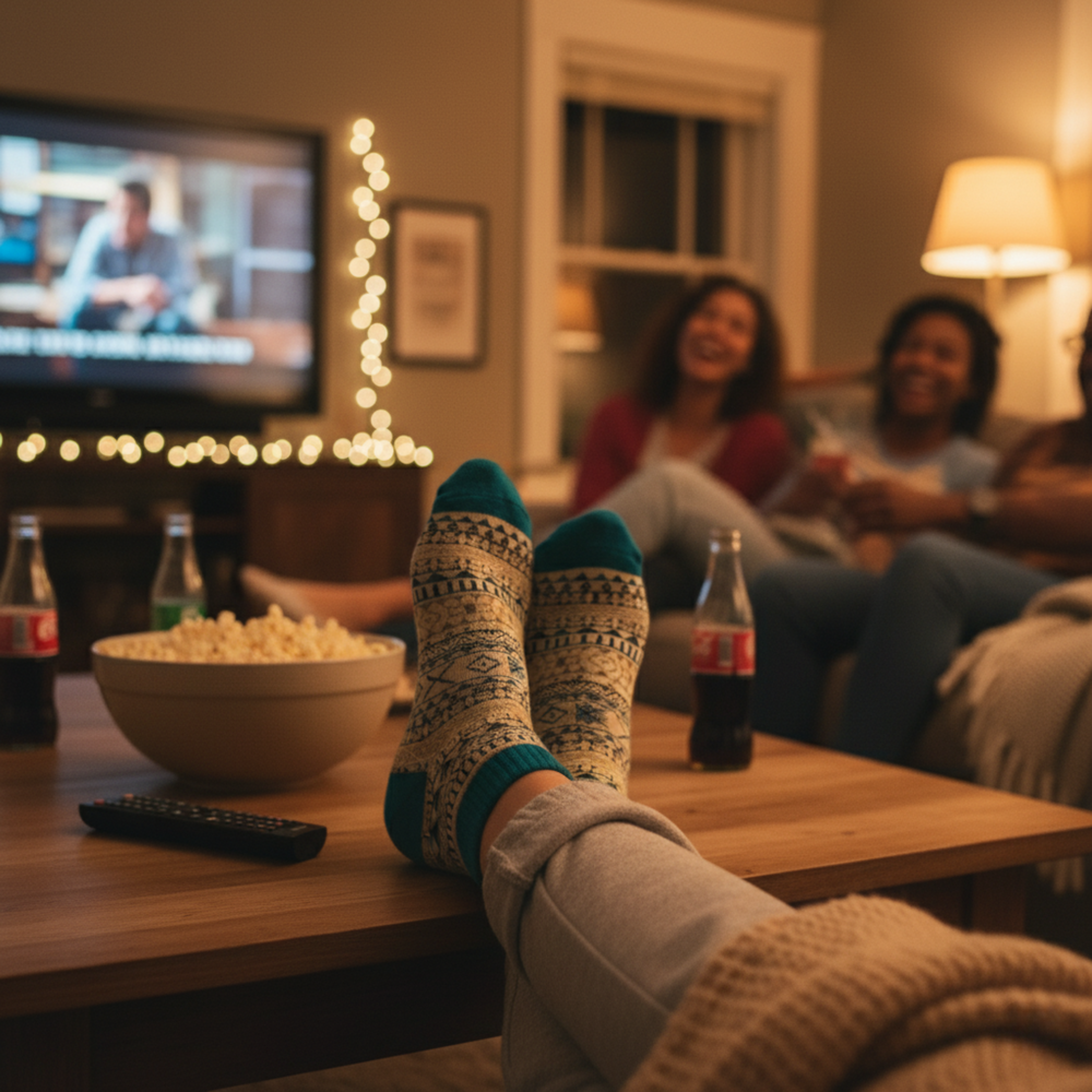 People sitting on a couch in a living room with a TV, popcorn, and drinks.