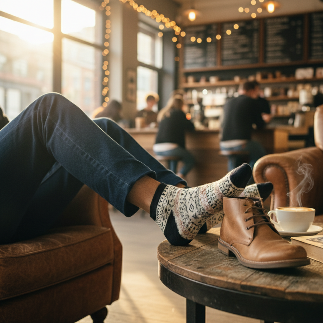 Person relaxing with feet up on a table in a cozy cafe.