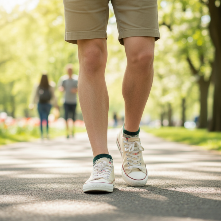 Person wearing white sneakers and beige shorts walking on a path with blurred background