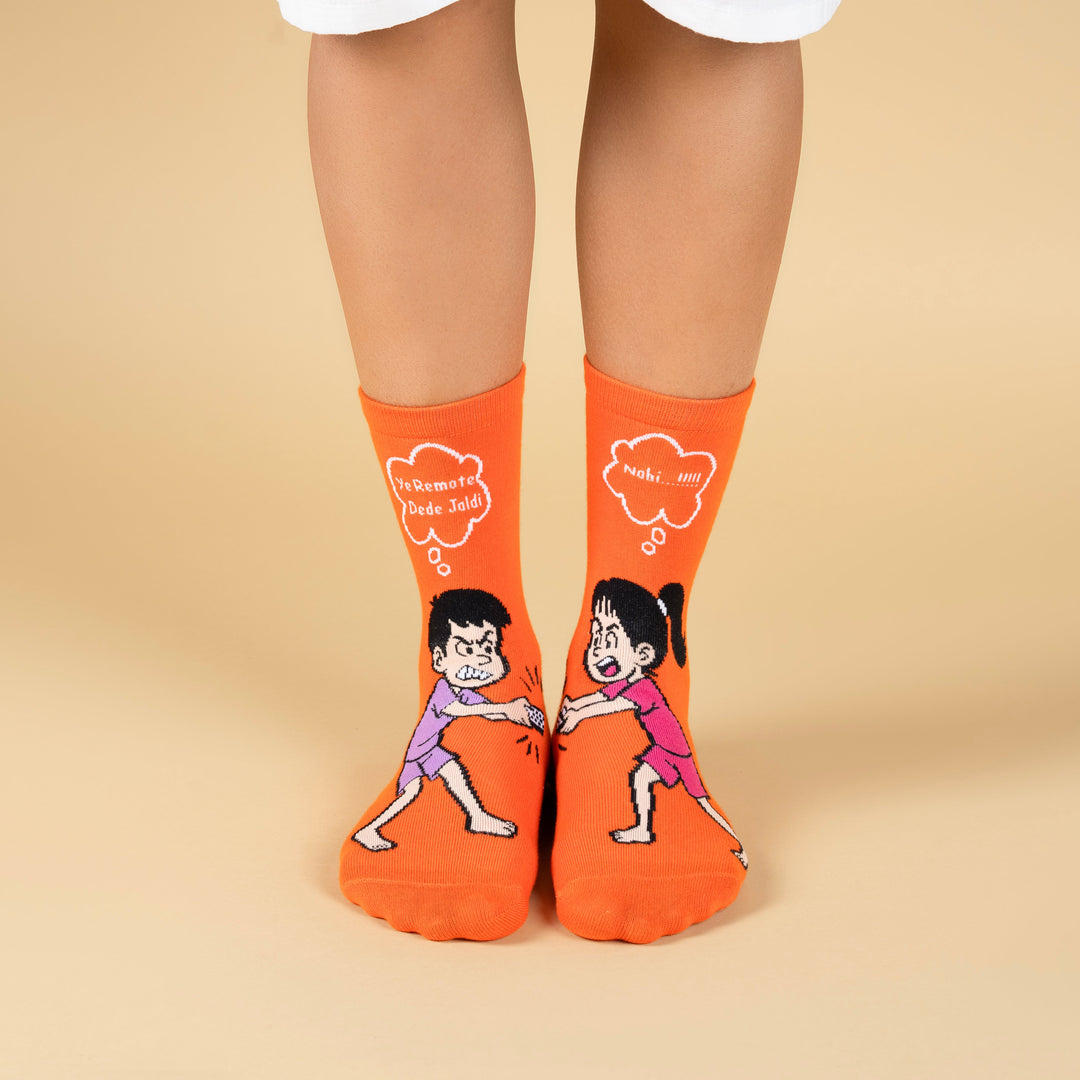 Orange socks with cartoon characters on a beige background-Character Designer Socks – Unisex | Pack of 5 Pairs-