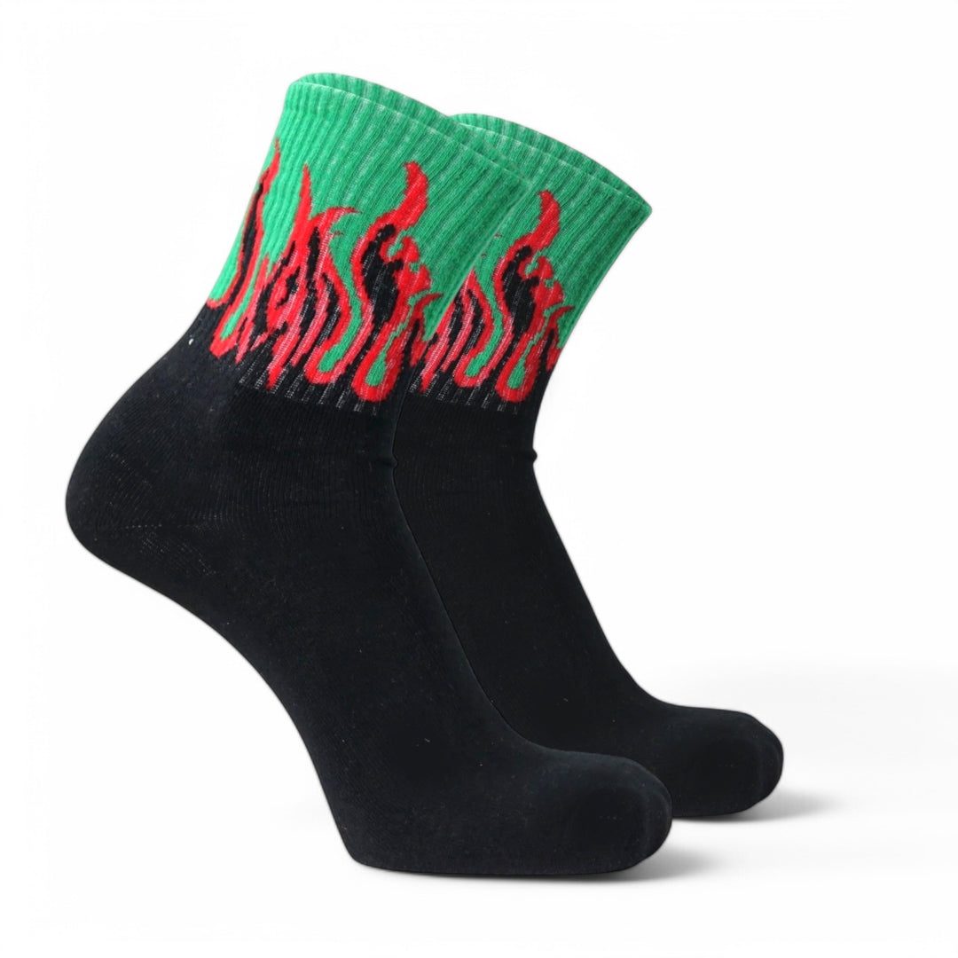-FIRE SOCKS - BLACK/GREEN - RED FLAMES-