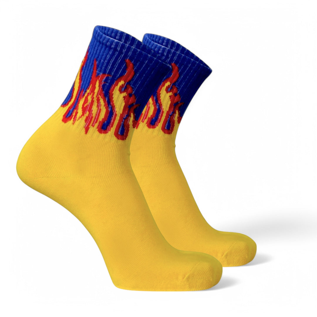 -FIRE SOCKS - YELLOW/BLUE- RED FLAMES-