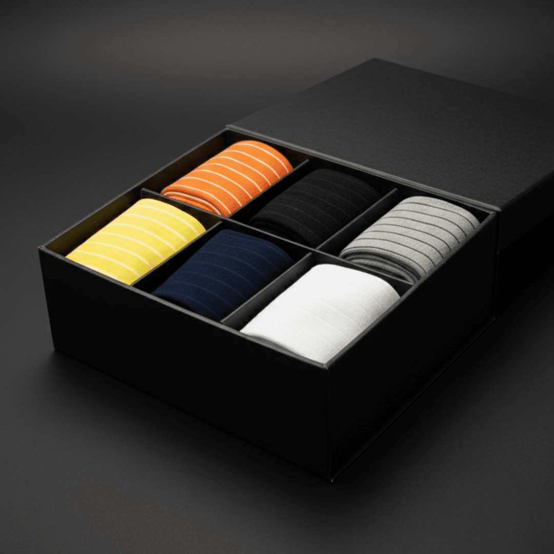Set of colorful hair ties in a black box on a dark background-Sockscarving Legacy Edition - Men (Box of 6)-