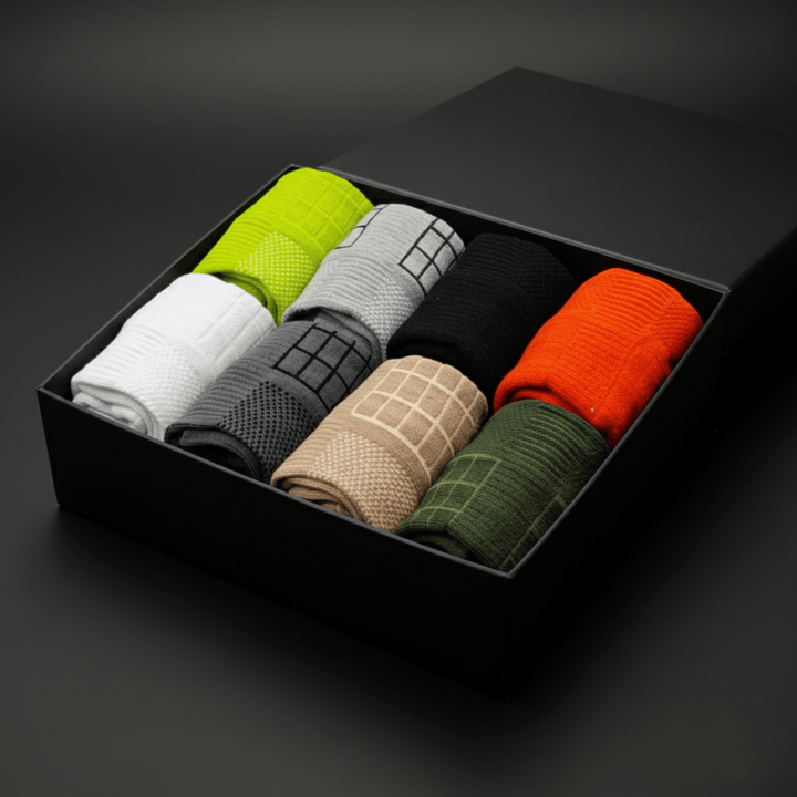 Vibrant Edition features – 180° airflow, cushioned sole, combed cotton, anti-loosen elastic, 24-hr freshness | Sockscarving®