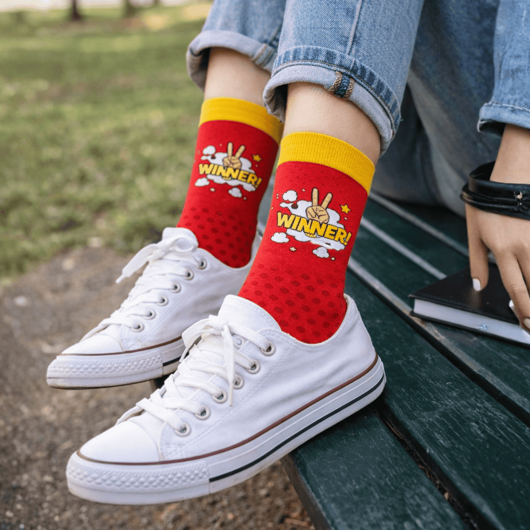 funky-red-yellow-unisex-socks-Sockscarving® Winner Comfort Pop Full-Length Edition-