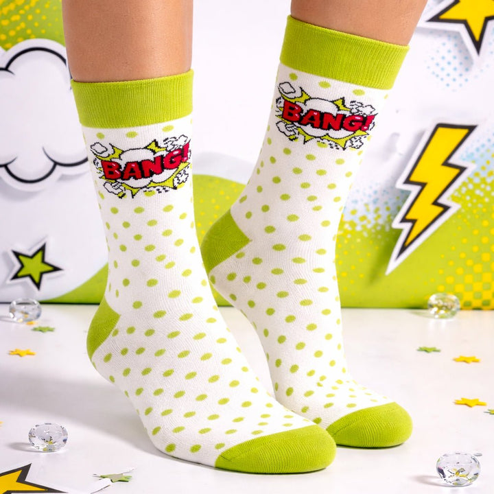 bang-pop-full-length-green-white-socks-Sockscarving® Bang Pop Full-Length Edition-