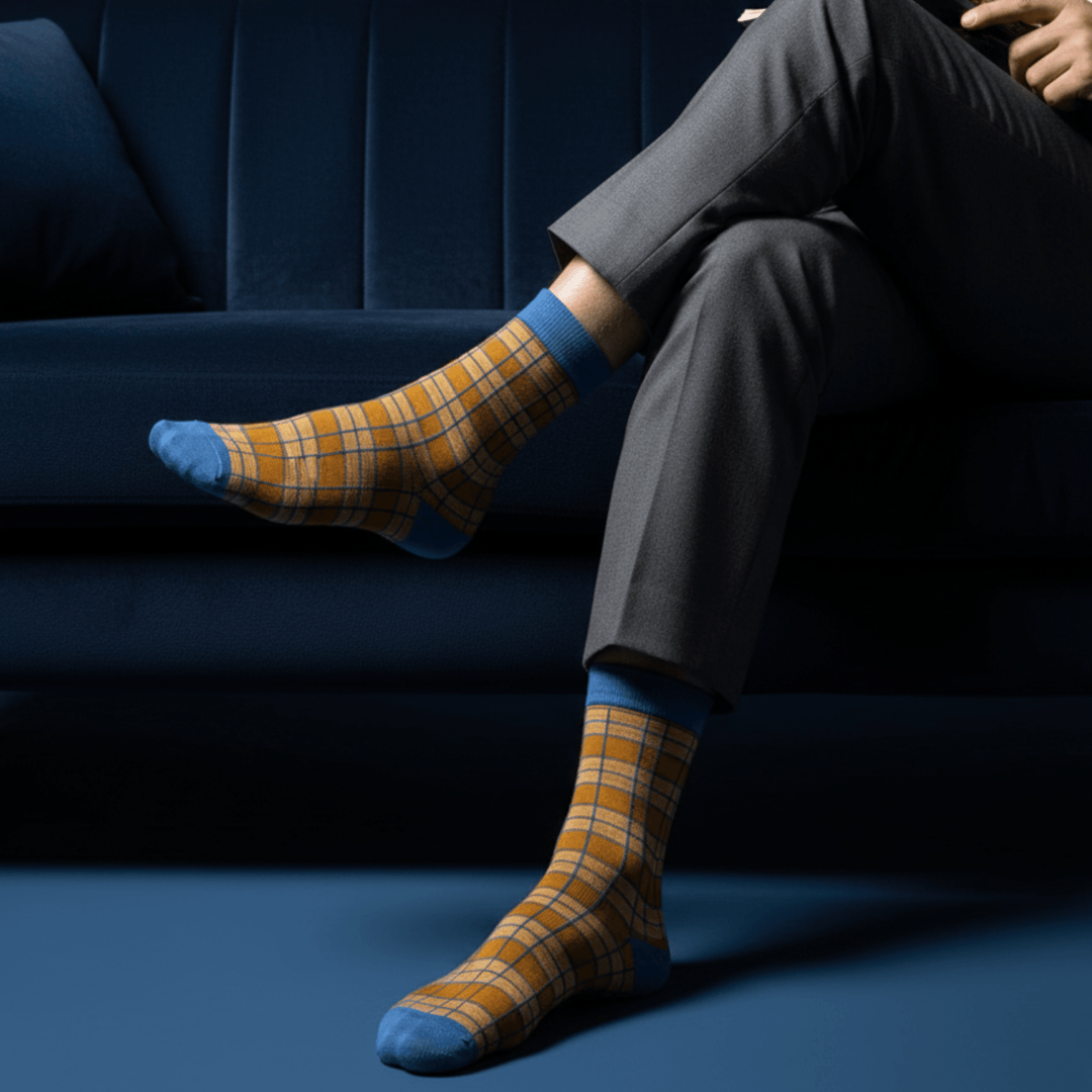 Blue and mustard check ankle socks for daily wear
