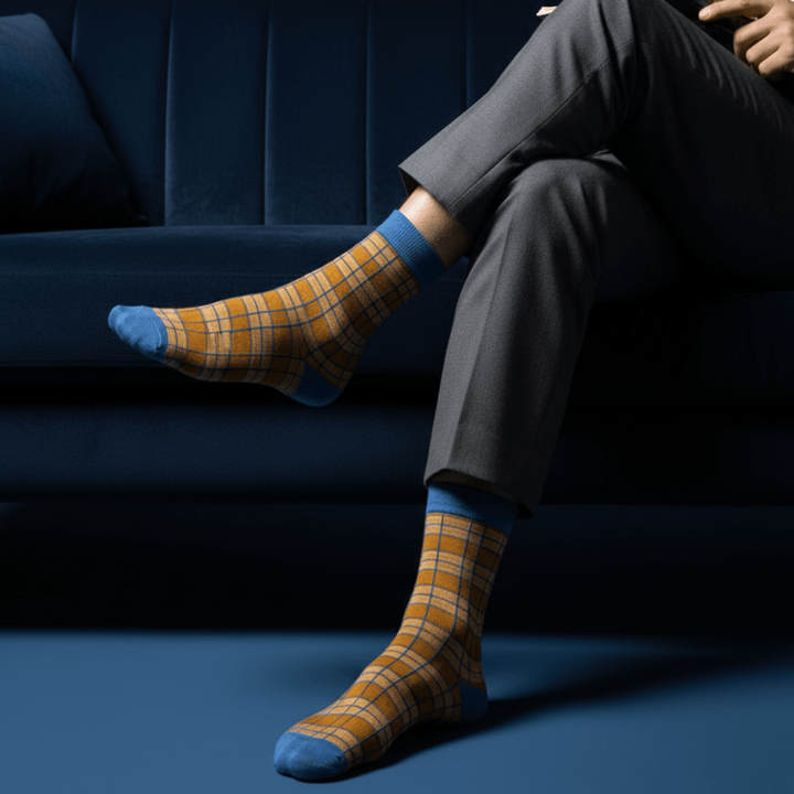 Blue and mustard check ankle socks for daily wear
