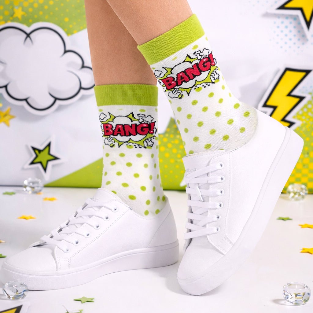 Breathable cotton green white pop design socks-Sockscarving® Bang Pop Full-Length Edition-