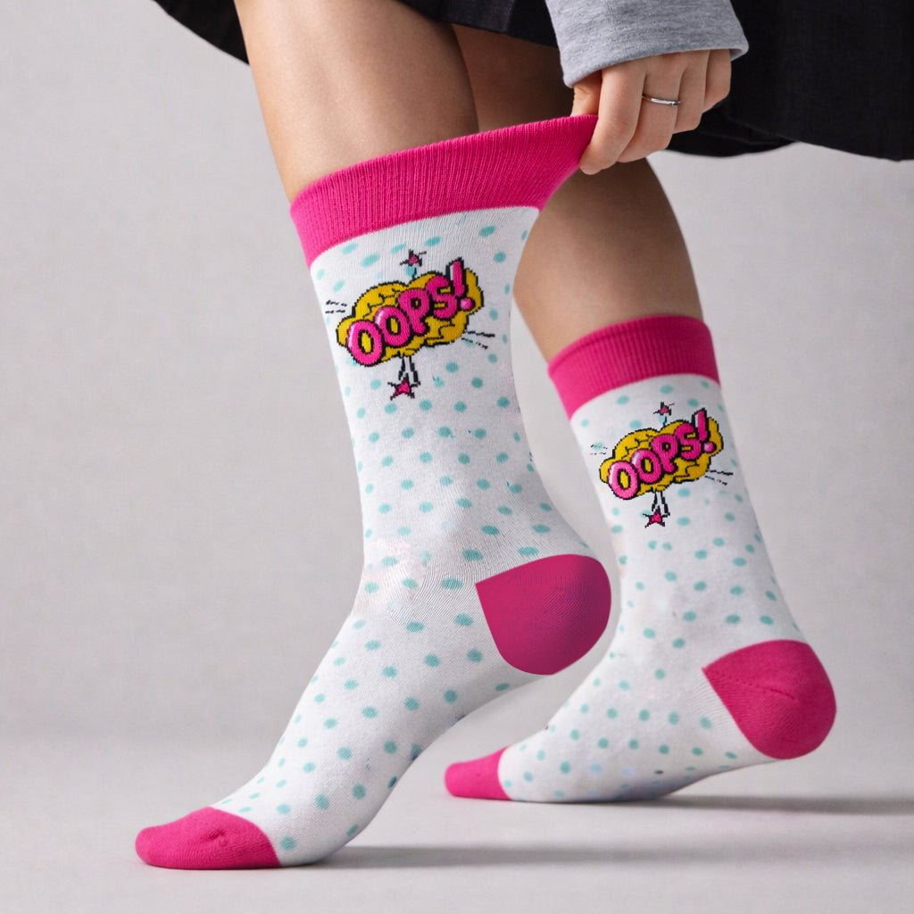 Breathable cotton pink white pop design socks-Sockscarving® Oops Pop Full-Length Edition-