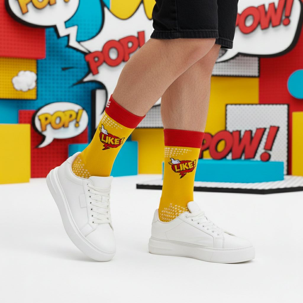 Vibrant yellow red full-length socks for sneakers