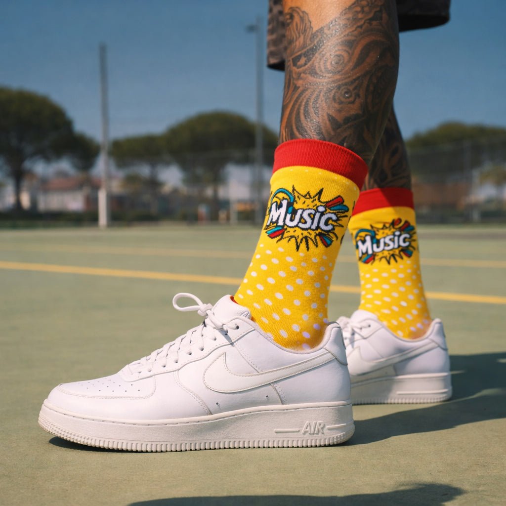 Vibrant yellow red full-length socks for sneakers-Sockscarving® Music Pop Full-Length Edition (Pack of 1)-