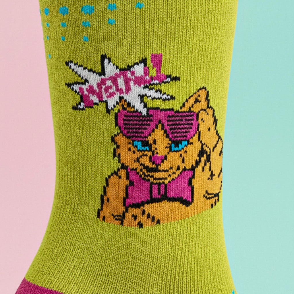 Colorful yellow pink funky socks for everyday wear-Sockscarving® Meow Pop Full-Length Edition (Pack of 1)-