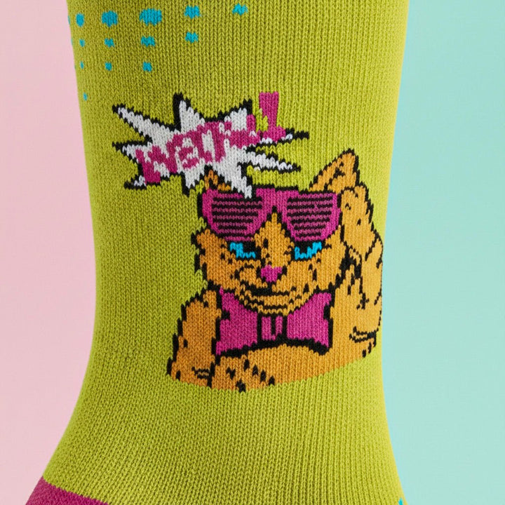 Colorful yellow pink funky socks for everyday wear-Sockscarving® Meow Pop Full-Length Edition (Pack of 1)-